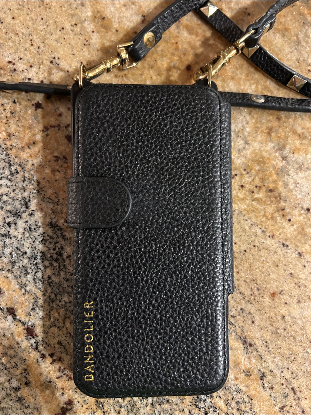 Bandolier Black Pebbled Leather Crossbody Phone Case W/Gold Studded Long Strap — image 3 of 8
